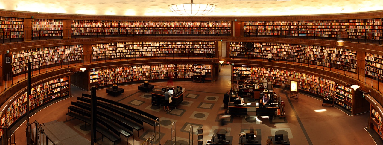 a wide and crowded brown library